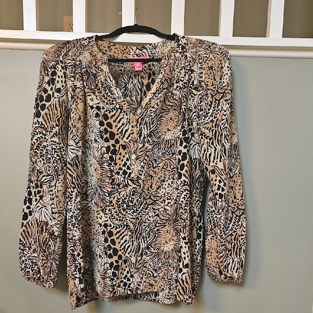 Lilly Pulitzer Brown Cream Blouse 3/4 Sleeve Mandarin Collar